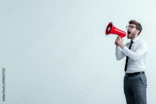 Man delivers a speech using a megaphone in a professional setting