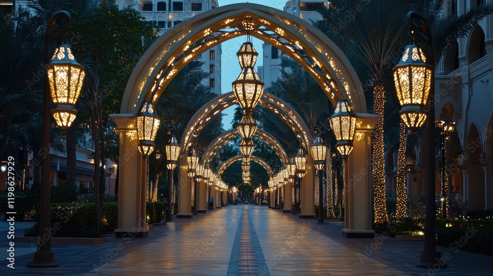 Obraz premium Illuminated archway pathway, dusk, city, festive lights, travel