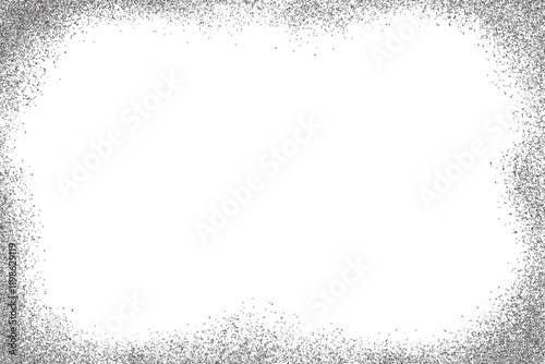 Grunge edge frame. Textured grainy border on white background. Dotted stipple vector abstract graphic. Rough fade sand effect. Vintage dark bg with glitter gradation