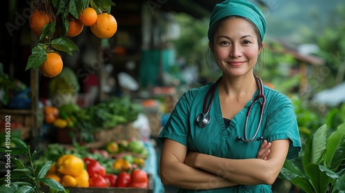 Doctor smiling, arms crossed, outdoor market, fruits, vegetables
