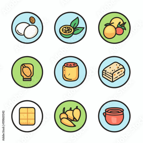 Set of icons illustrating absence of common food allergens (gluten, dairy, egg, nuts) plus vegan and organic signs.