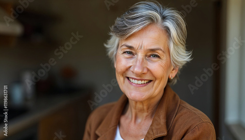 Portrait of smiling senior woman with gray hair expressing happiness and wellness