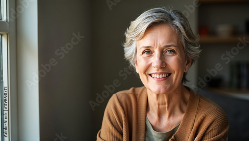 Happy senior woman smiling at home by the window