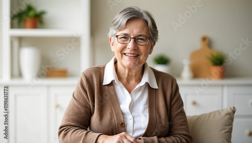 Happy senior woman smiling at home: cozy retirement lifestyle