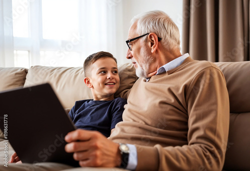 Grandfather and grandson using tablet and talking on sofa
