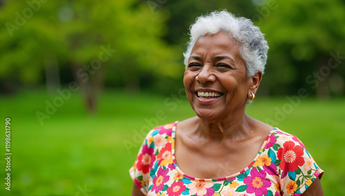 Happy senior woman smiling and enjoying retirement in green park