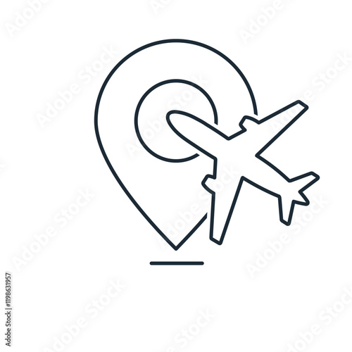 Airplane and destination, arrival. Airport. Vector icon illustration isolated on white background.