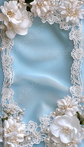 Elegant white flowers lace frame on blue silk background, wedding invitation template