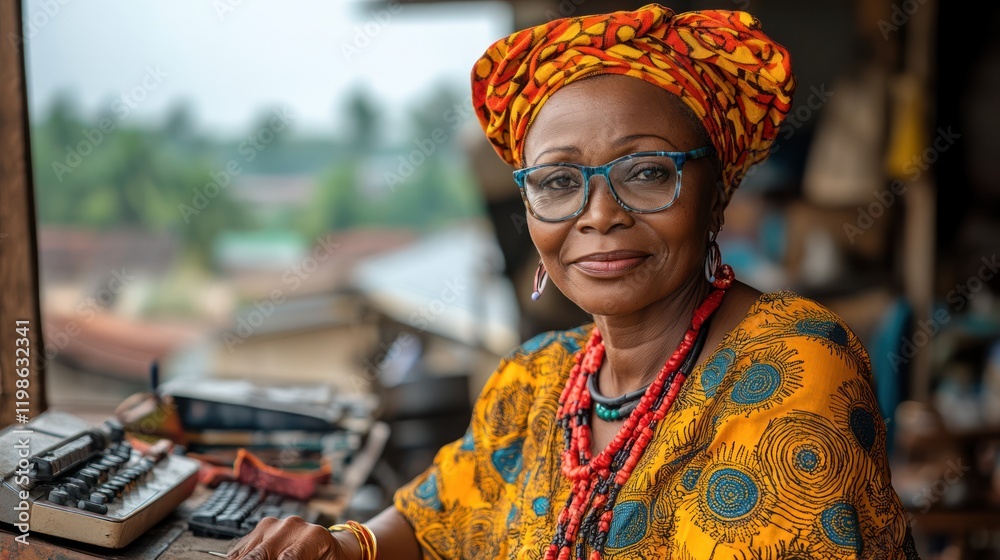Obraz premium African woman, village office, typing, portrait, rural background