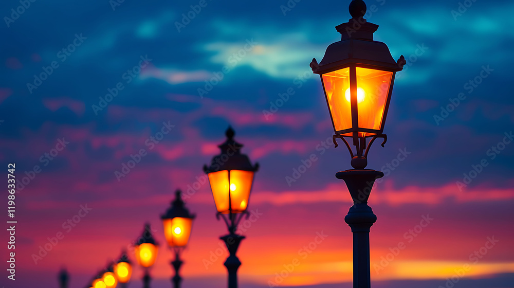 At dawn a line of sidewalk lamps with one lamp burning and the rest out At dawn a line of sidewalk lamps with one lamp burning and the rest out