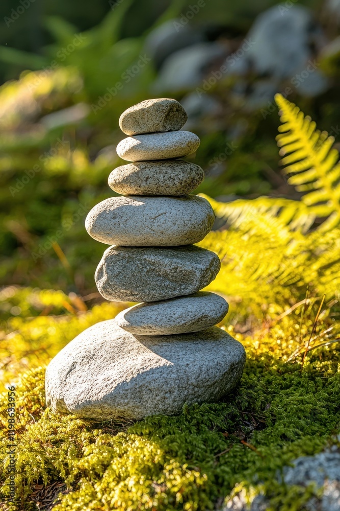 A stack of smooth stones balances on a mossy ground, surrounded by green ferns in a serene natural setting. A stack of smooth stones balances on a mossy ground, surrounded by green ferns in a serene natural setting.