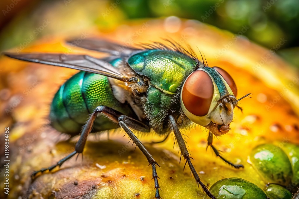 Close-up Macro Photography of Common Green Bottle Fly (Lucilia sericata) on Decaying Organic Matter Close-up Macro Photography of Common Green Bottle Fly (Lucilia sericata) on Decaying Organic Matter