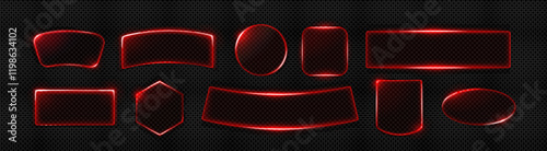Red neon light frames set isolated on transparent background. Vector realistic illustration of round, oval, rectangular and square shape borders, web or mobile app user interface design elements