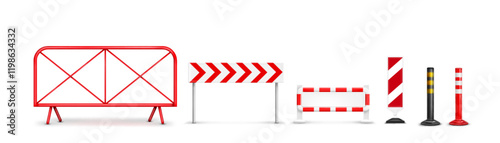 Road barriers and fences set - metal crossbar structure, directional arrow board, striped traffic barricade, reflective warning post, black bollard and red safety column. Construction site equipment.
