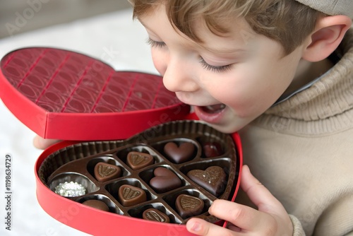 An extremely close-up shot of a child eagerly opening a heart-shaped chocolate box, highlighting joy and excitement photo