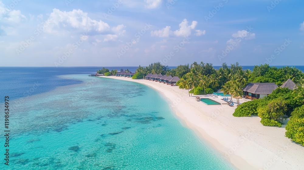 Fototapeta premium Luxurious tropical beach with overwater bungalows and clear blue water