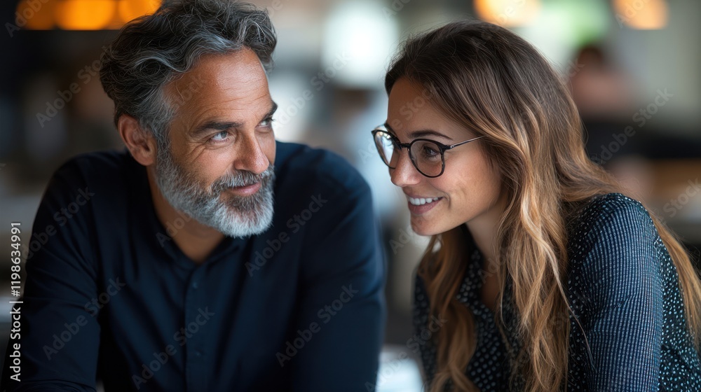 Naklejka premium Couple conversing cafe, blurred background, meeting