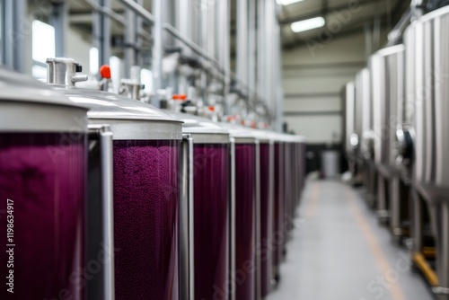 Vats filled with purple liquid in a modern winery during the fermentation process photo