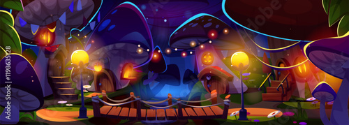 Magic mushroom village at night - glowing fairy homes with wooden bridge and luminous lanterns. Fantasy dark forest scene with giant toadstools, twinkling fireflies lights, enchanted pathways.