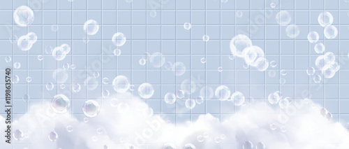 Bathroom foam pattern with transparent soap bubbles floating above white suds on blue tiled wall background. Realistic cleansing composition for hygiene product presentation or spa environment design.