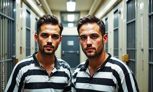 two prisoners standing near many prison cells photo