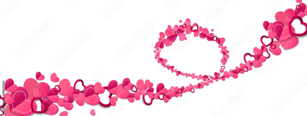 Pink Valentine day pattern with flowing paper heart shapes arranged in swirling dynamic trail. Romantic festive design with papercut love symbols on white background. Mother day or wedding banner. Pink Valentine day pattern with flowing paper heart shapes arranged in swirling dynamic trail. Romantic festive design with papercut love symbols on white background. Mother day or wedding banner.