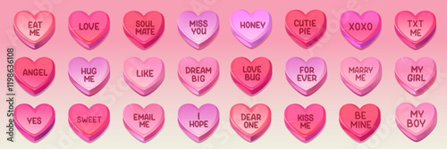 Heart shaped candy messages set for valentine day decoration - pink sweet romantic collection. Text of love expressions, flirty phrases and gentle words on glossy confectionery dessert pieces.