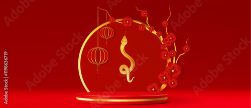 Chinese new year round podium design with golden snake, traditional lanterns and red plum blossoms. Luxury festival display stand with elegant oriental elements for festive merchandise presentation.