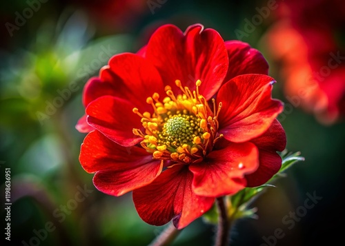 Close-up of Geum heldreichii Red Flower in Low Light,  Intense Color, Detailed Petals, Botanical Photography photo