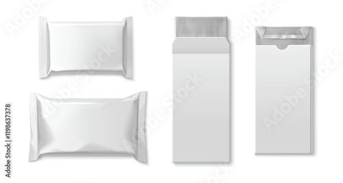 Chocolate bar mockup set with blank wrapper templates - foil sealed snack packets, cardboard boxes with flaps and paper sleeves. Clean white surface packaging design for branding presentation.