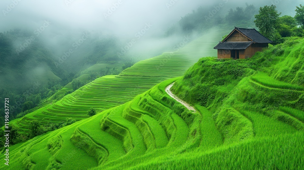 Fototapeta premium Misty Mountain Rice Terraces House
