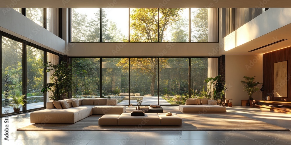 Fototapeta premium Modern Minimalist Living Room with Expansive Garden Views