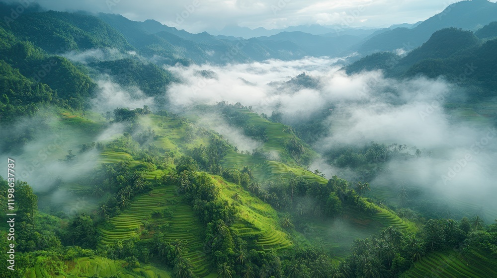 Misty mountain rice terraces, Vietnam, sunrise, aerial view, travel Misty mountain rice terraces, Vietnam, sunrise, aerial view, travel