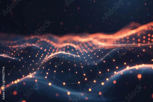 Futuristic abstract digital landscape showcasing interconnected nodes of light in a dark space, representing advanced technology and infinite possibilities for innovation and exploration