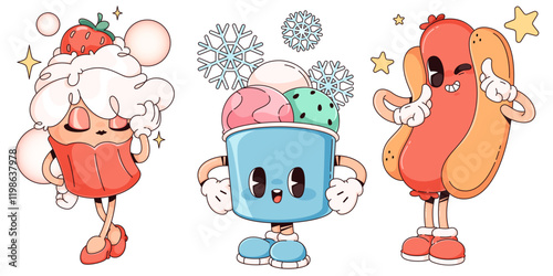 Fastfood cartoon character set - whipped cream cupcake topped with strawberry, cheerful ice cream bucket with snowflake decorations, smiling hot dog with mustard topping. Cute tasty snack mascots.
