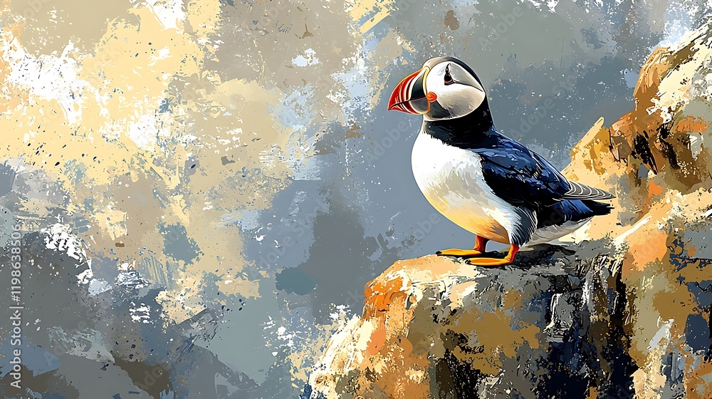 Fototapeta A Puffin Perched on a Cliffside, Captured in a Vibrant, Impressionistic Painting Style.