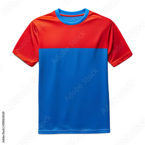 Vibrant Soccer Jersey with Contrasting Red and Blue Color Blocks and Graphic Design photo