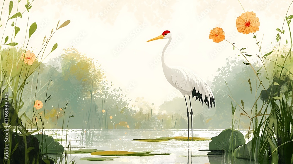 Fototapeta premium Serene White Crane Standing in a Calm Pond Surrounded by Lush Greenery and Delicate Orange Flowers.
