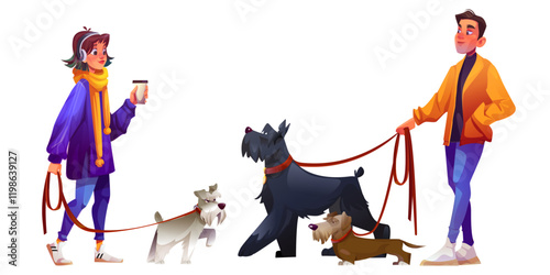 People walking dogs isolated on white. Vector cartoon illustration of young woman with coffee cup and pet on leash, man strolling with animals in city park or street, puppy breeding, family leisure