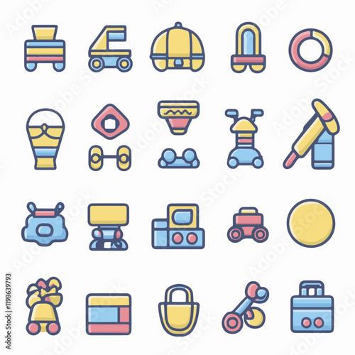 first babies toys icons set. Child development toys featuring spinning top, shape sorter, rocking horse, and abacus for early learning and playtime fun