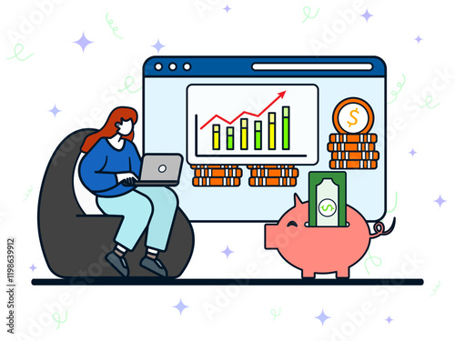 Woman sitting on bean bag and working on laptop to looking financial management analysis. Large screen displays a chart with rising graph and bar charts, representing growth, savings, or investments