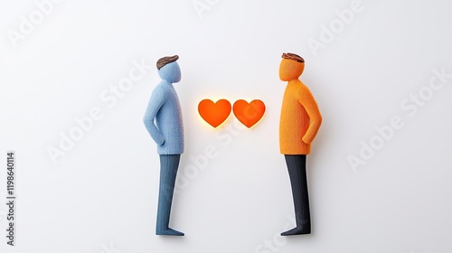 Two colorful figures representing connection and love, with hearts in between, in a minimalist style on a white isolated background. photo