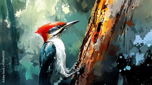 A Vibrant Digital Painting of a Red-Crested Woodpecker on a Tree Trunk.