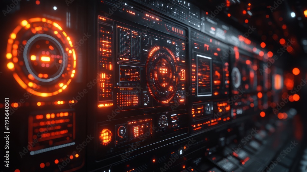 Futuristic control panel glows red in dark spaceship corridor Futuristic control panel glows red in dark spaceship corridor