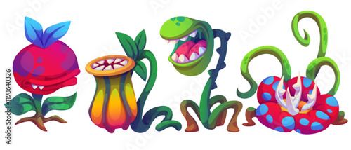 Scary carnivorous plant monsters with sharp teeth. Fantasy garden creatures - pink blossom, orange spotted pitcher, green serpentine stem with fangs, spotted predator flower for game design.