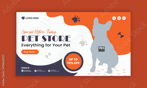 Pet food store horizontal banner design and pet food and accessories  sale flat banner design template
