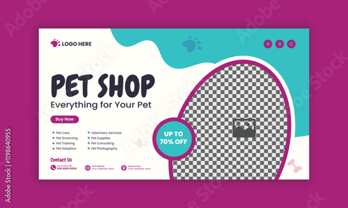 Pet shop horizontal banner design and pet food and accessories  sale flat banner design template