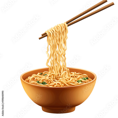 Noodles in Bowl: A tempting bowl of noodles, lifted delicately with chopsticks, showcases the golden, wavy texture of the noodles and hints at a savory broth.