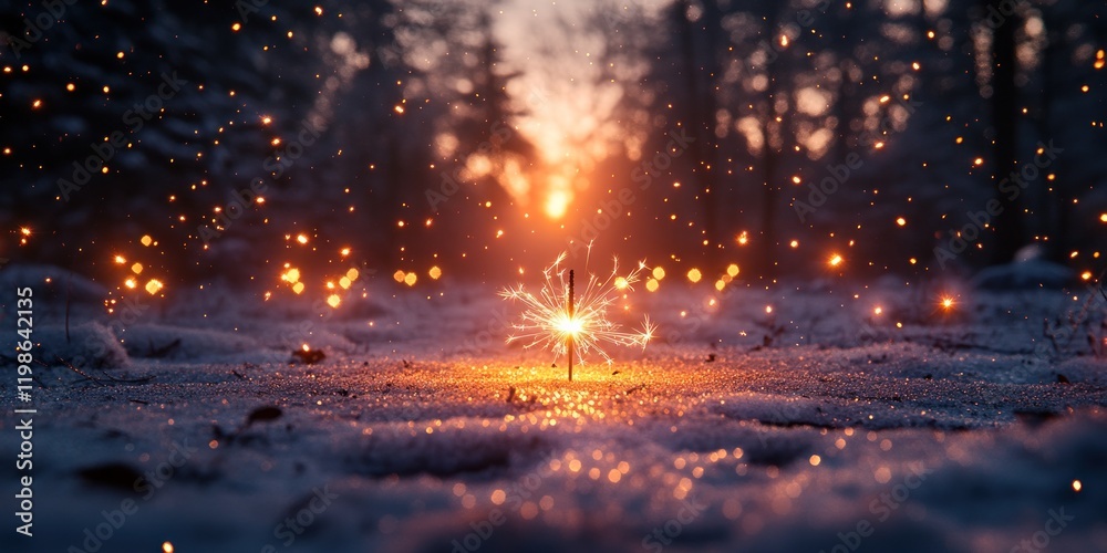 Naklejka premium Sparkling Winter Wonderland: A magical sunset scene with a single burning sparkler in a snowy forest, creating a warm and enchanting atmosphere.