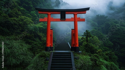 Exploring anongsysamoud ancient japanese temple shrine with red torii misty forest scenic landscape